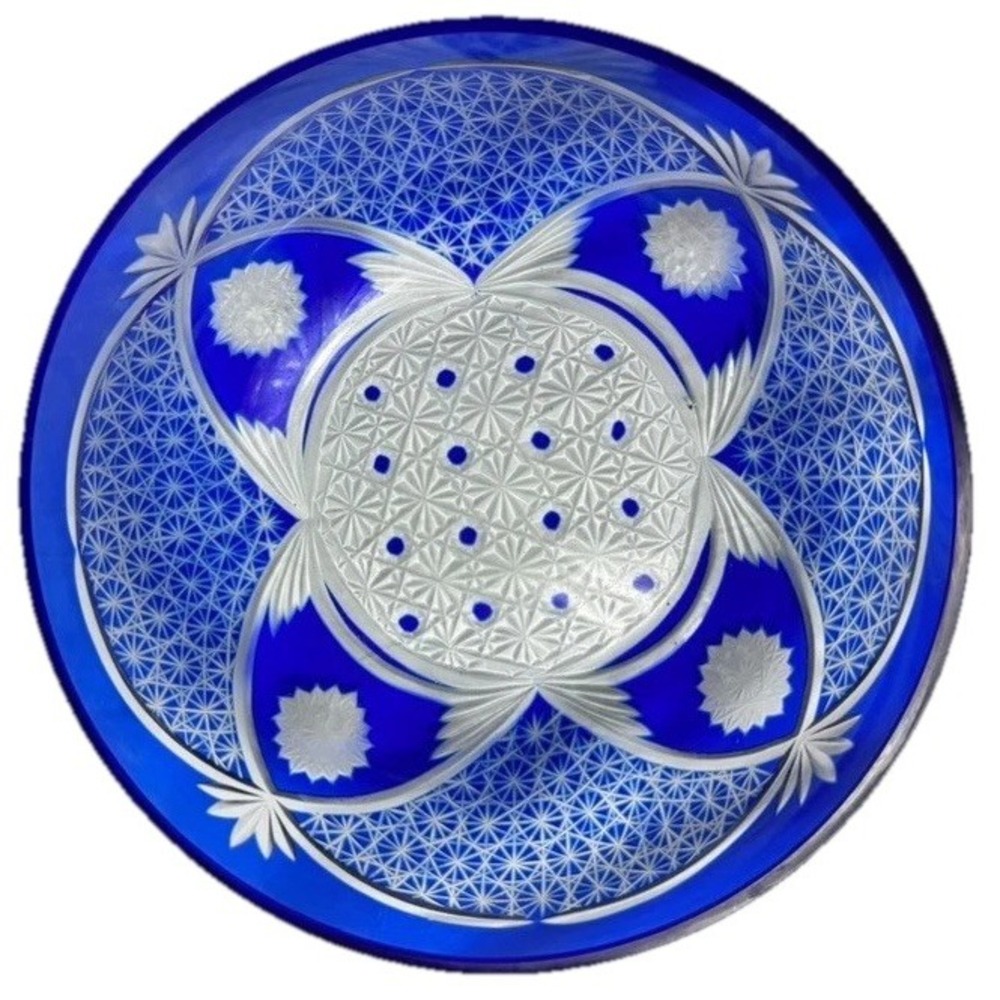 Vintage Cobalt Blue Czech Bohemian Style Cut-to-clear Crystal Bowl Crafted Decor